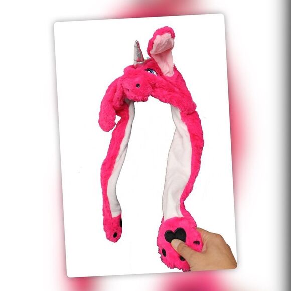 WHITE Plush Funny Unicorn Hat Scarf Squeeze Paw Lift Ear - Picture 8 of 13